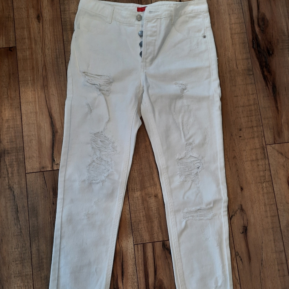 Distressed straight leg jeans